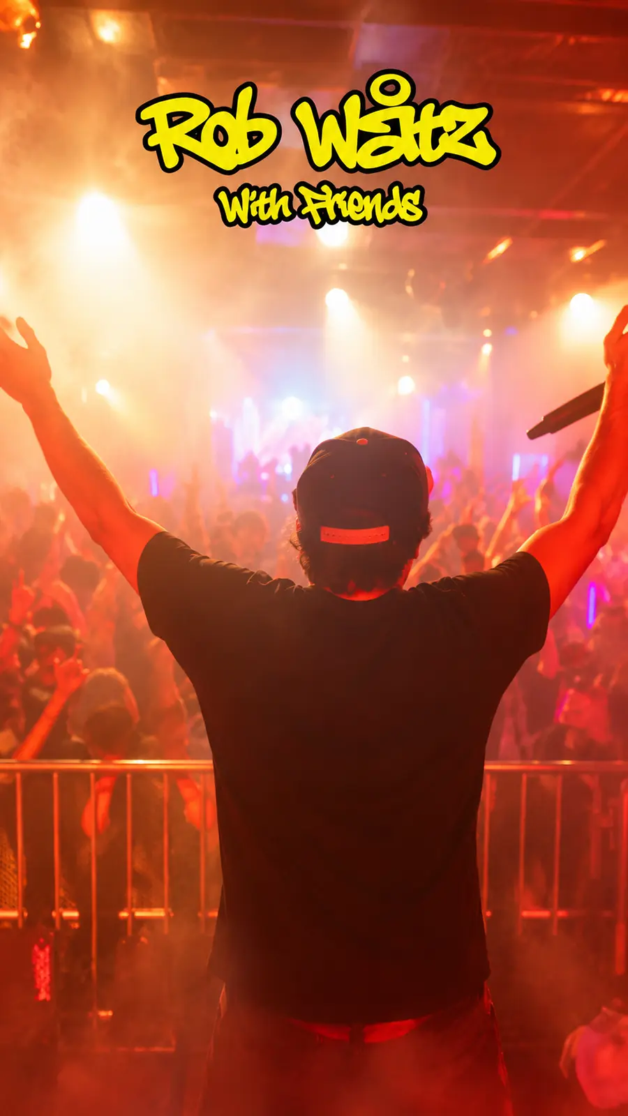 Rob Wåtz with Friends – klubbmotiv med en DJ framför publiken och varma scenljus
